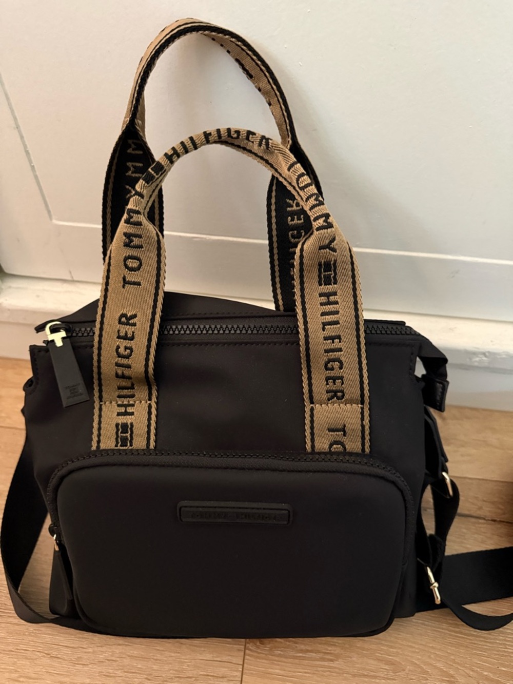 NWT Tommy Hilfiger Black Messenger Bag with Tan Branded Straps